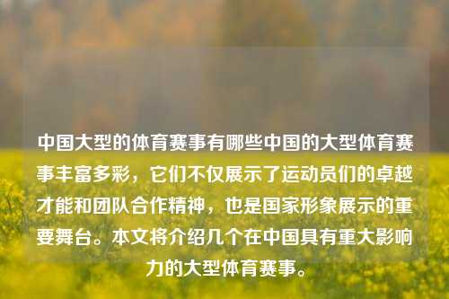 中国大型的体育赛事有哪些中国的大型体育赛事丰富多彩，它们不仅展示了运动员们的卓越才能和团队合作精神，也是国家形象展示的重要舞台。本文将介绍几个在中国具有重大影响力的大型体育赛事。